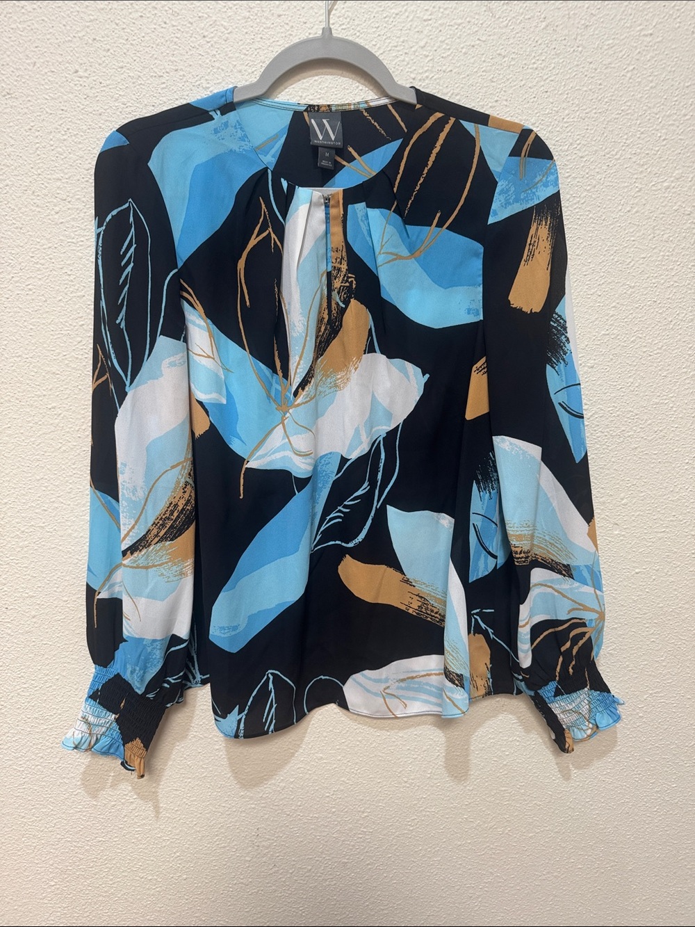 Worthington by JCP Black, Blue & Tan Abstract Keyhole Tie Blouse